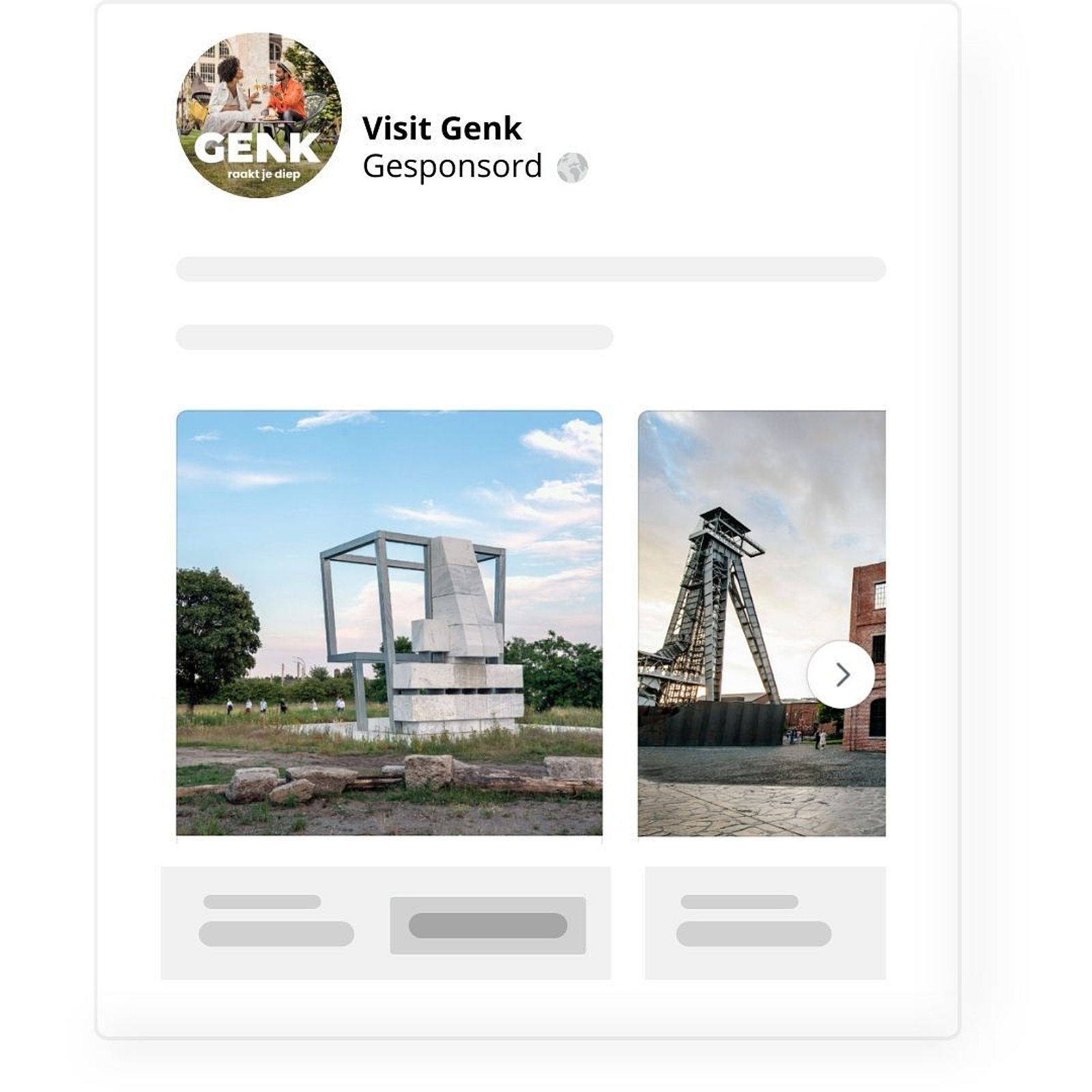 Een Facebook carousel van Visit Genk met een foto's van kunstige beelden.